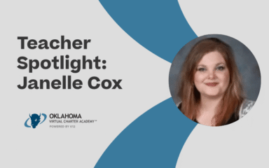 A graphic featuring the text “Teacher Spotlight: Janelle Cox” on a light gray background with curved blue shapes. The Oklahoma Virtual Charter Academy logo appears below the text. A circular portrait placeholder is shown on the right side of the design.