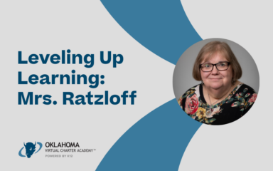 A graphic featuring the text “Leveling Up Learning: Mrs. Ratzloff” on a light gray background with curved blue design elements. The Oklahoma Virtual Charter Academy logo appears at the bottom left. On the right side, there is a circular portrait placeholder.